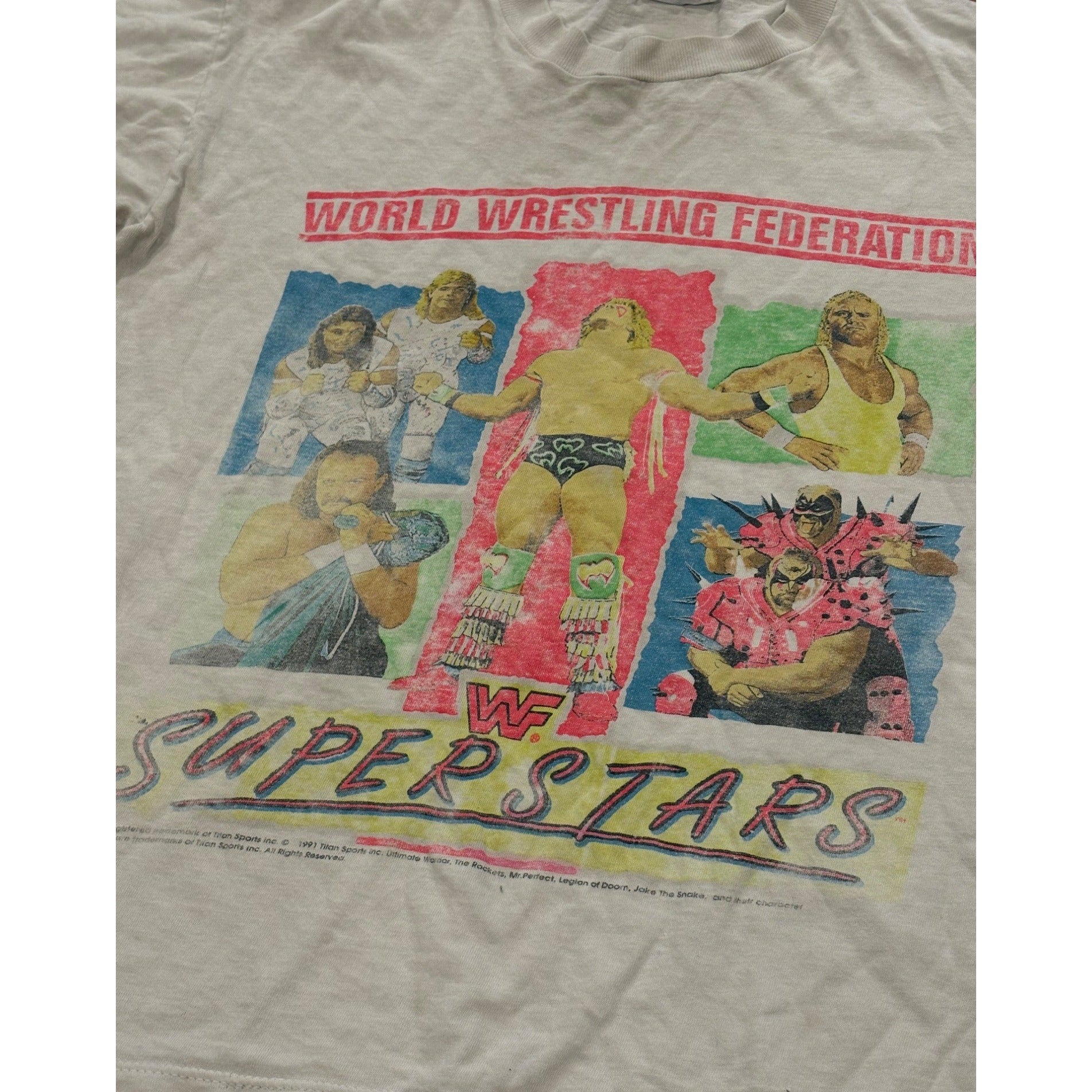Vtg 1991 WWF Superstars T-Shirt Warrior Mr. Perfect Rockers LOD Jake Roberts YXL