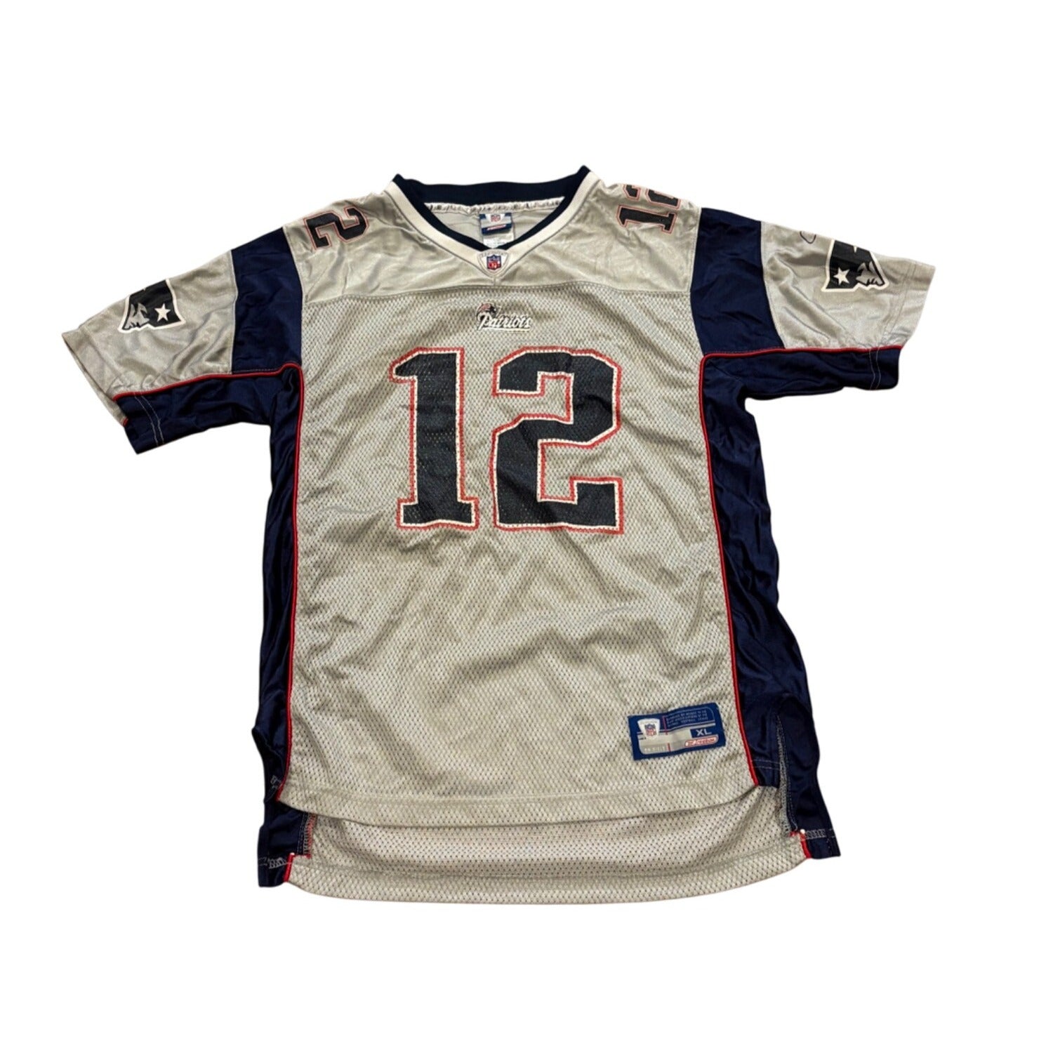 Rare Reebok New England Patriots Tom Brady #12 Silver NFL Jersey Youth XL 18-20