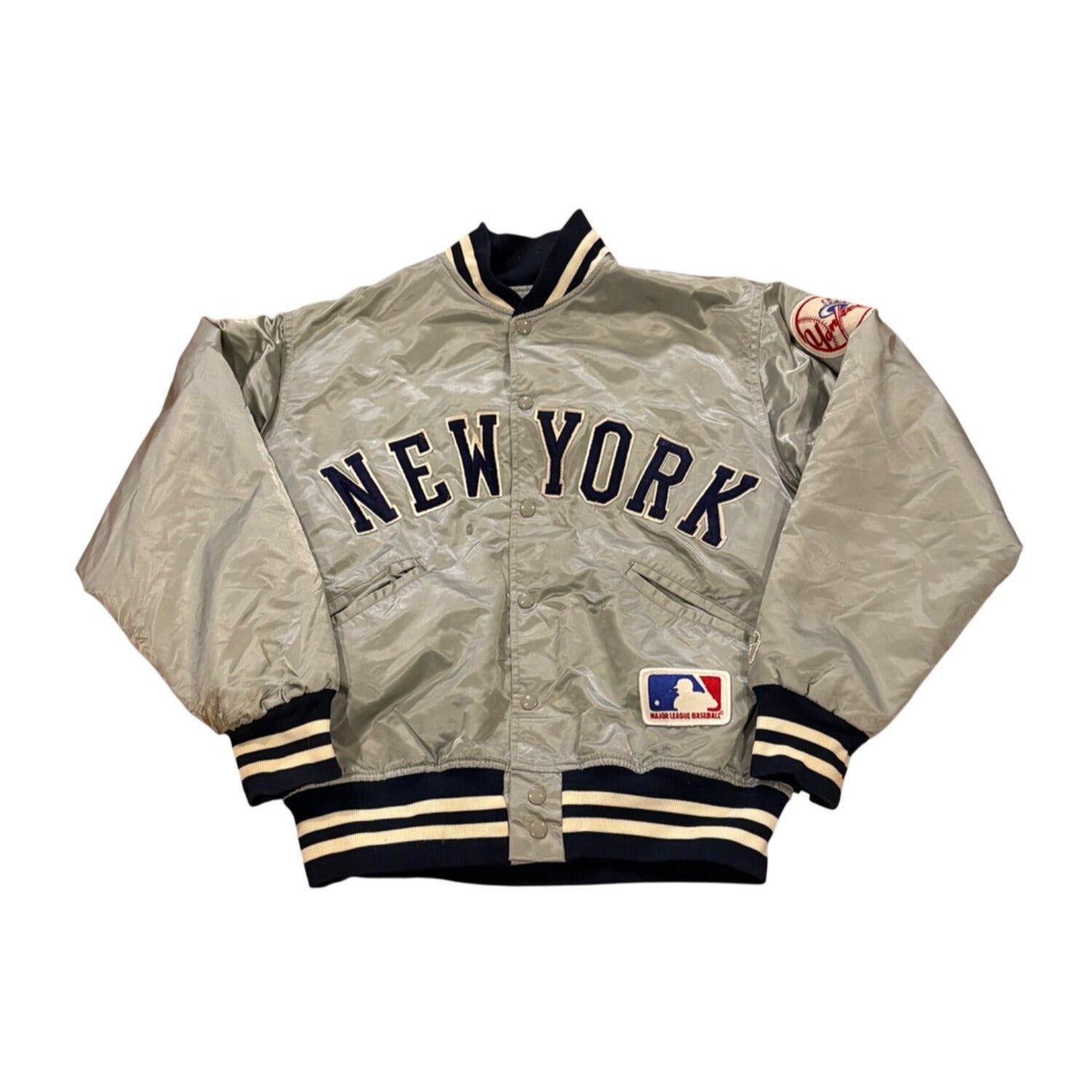 Vintage 1980's Felco New York Yankees Gray Satin Jacket Men's Medium Read Flaws