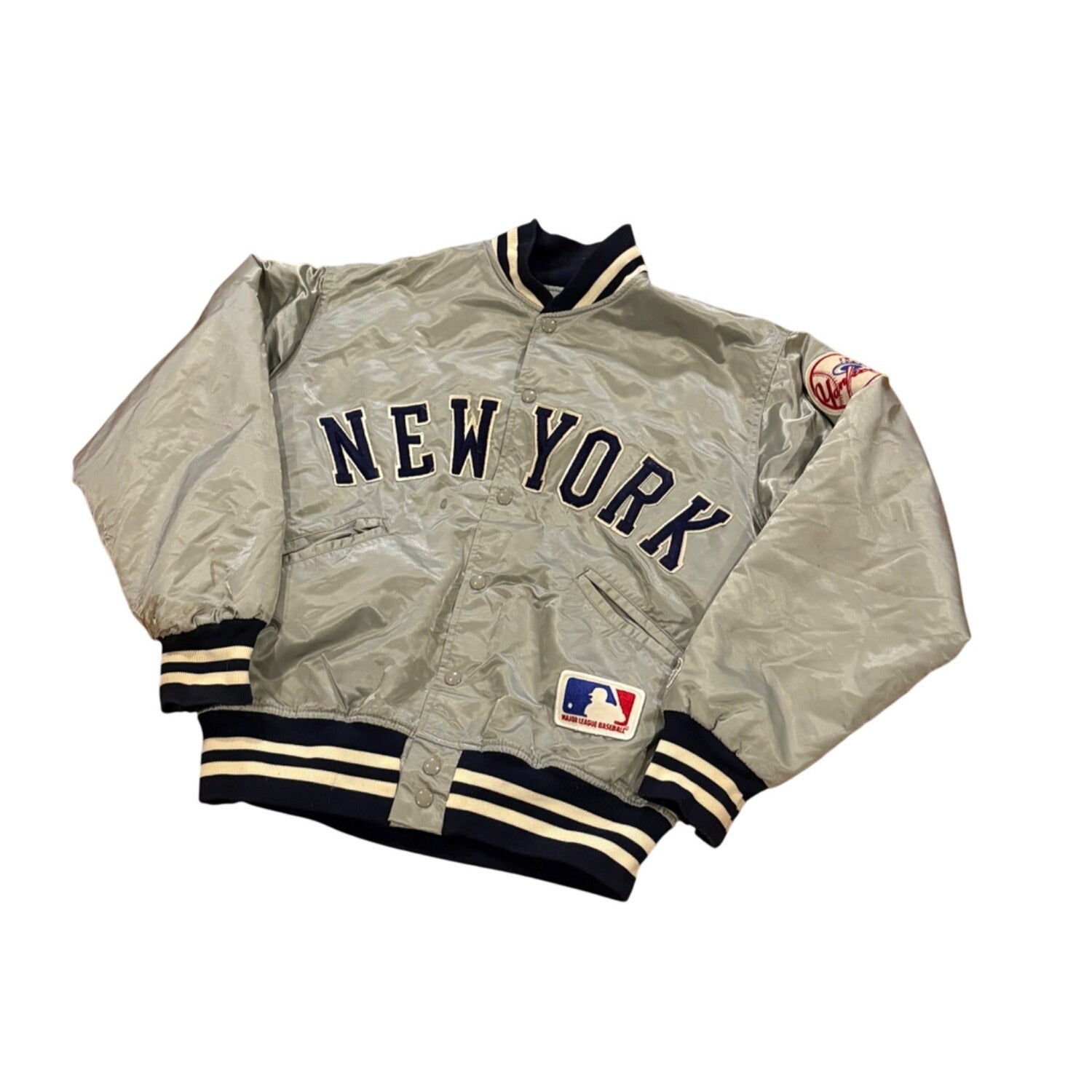 Vintage 1980's Felco New York Yankees Gray Satin Jacket Men's Medium Read Flaws