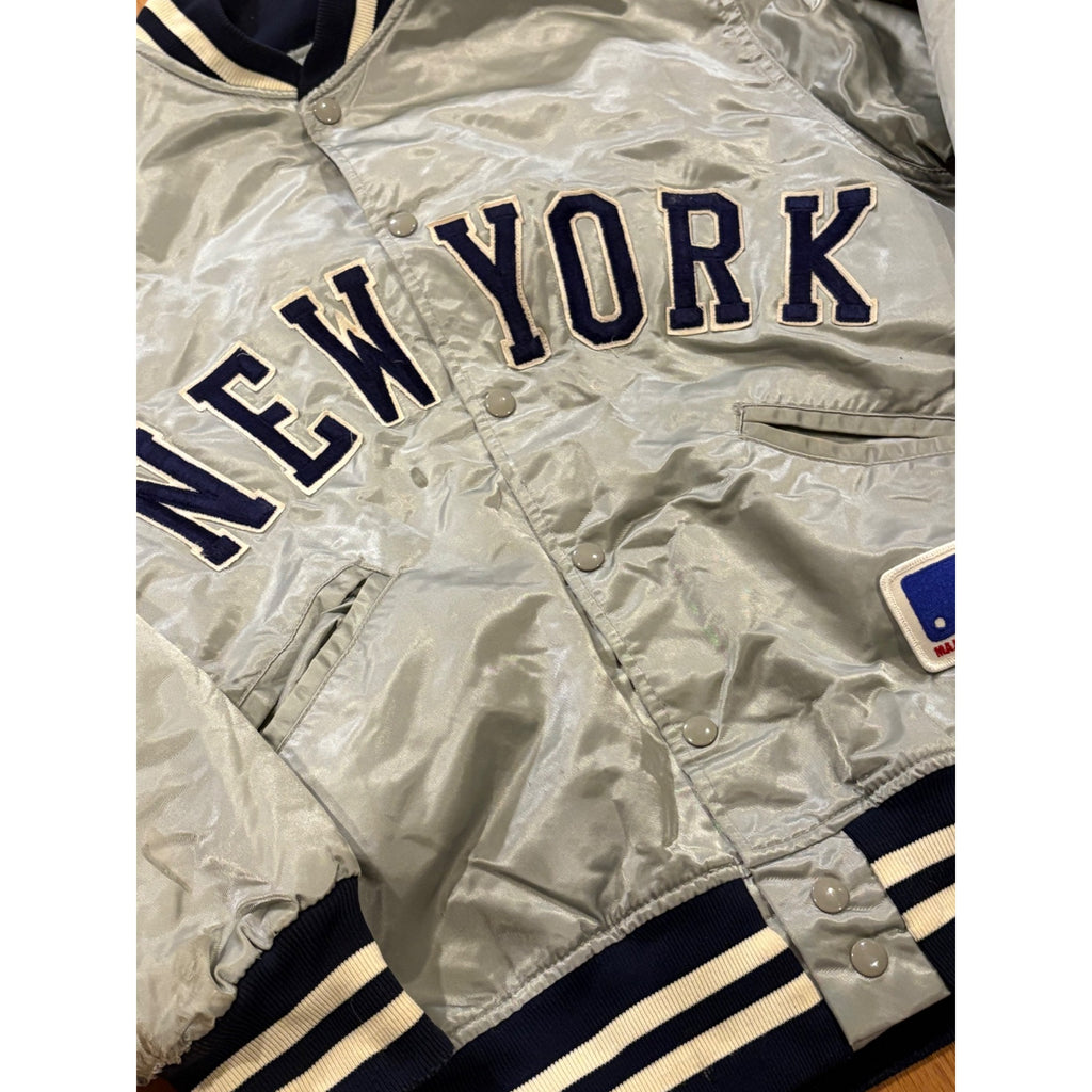Vintage 1980's Felco New York Yankees Gray Satin Jacket Men's Medium Read Flaws