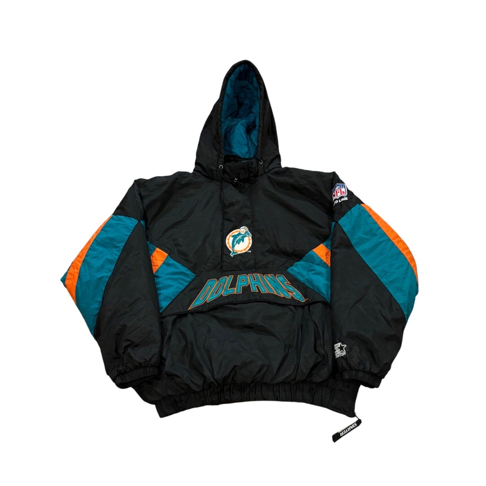 Vintage 1990's Starter Miami Dolphins NFL Black Puffer Hooded Jacket Men's XL