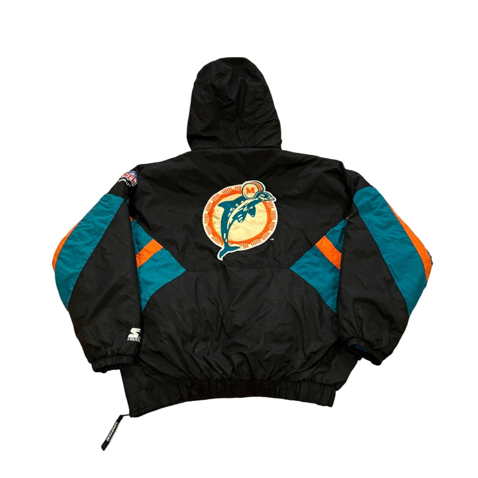 Vintage 1990's Starter Miami Dolphins NFL Black Puffer Hooded Jacket Men's XL