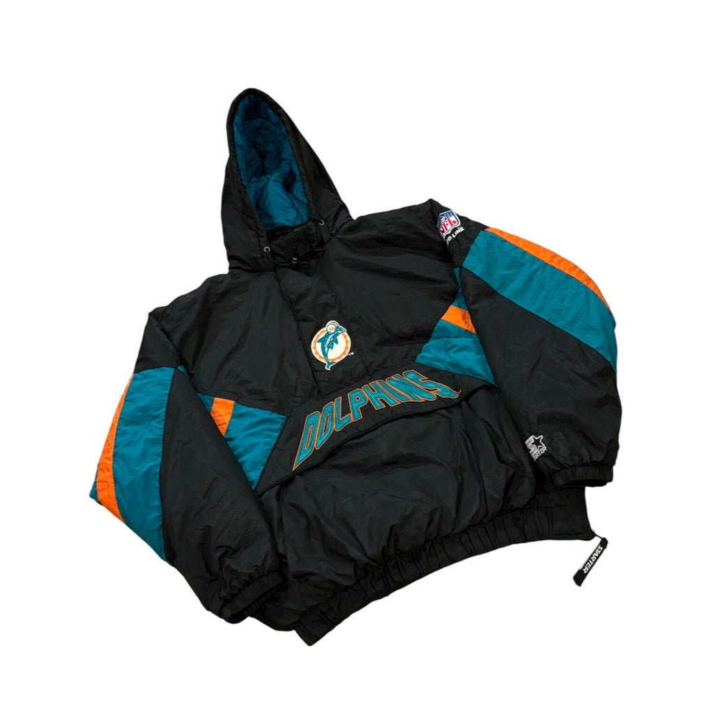Vintage 1990's Starter Miami Dolphins NFL Black Puffer Hooded Jacket Men's XL
