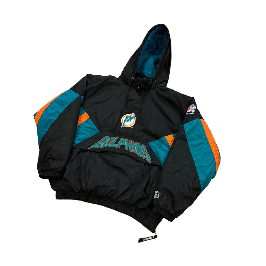 Vintage 1990's Starter Miami Dolphins NFL Black Puffer Hooded Jacket Men's XL