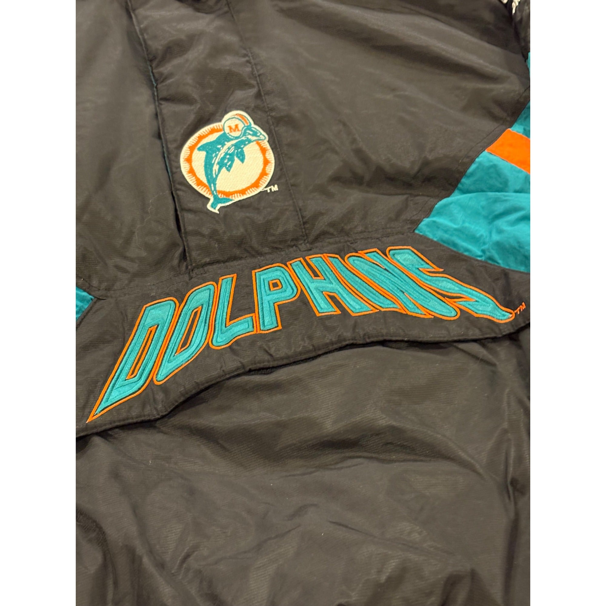 Vintage 1990's Starter Miami Dolphins NFL Black Puffer Hooded Jacket Men's XL