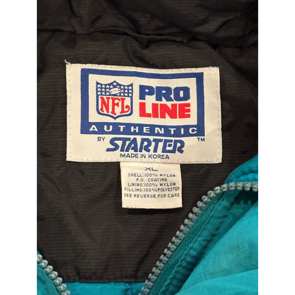 Vintage 1990's Starter Miami Dolphins NFL Black Puffer Hooded Jacket Men's XL