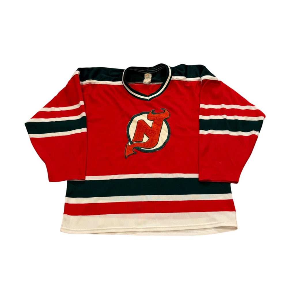 Vintage 1980's New Jersey Devils CCM Maska Red Green NHL Hockey Jersey Large