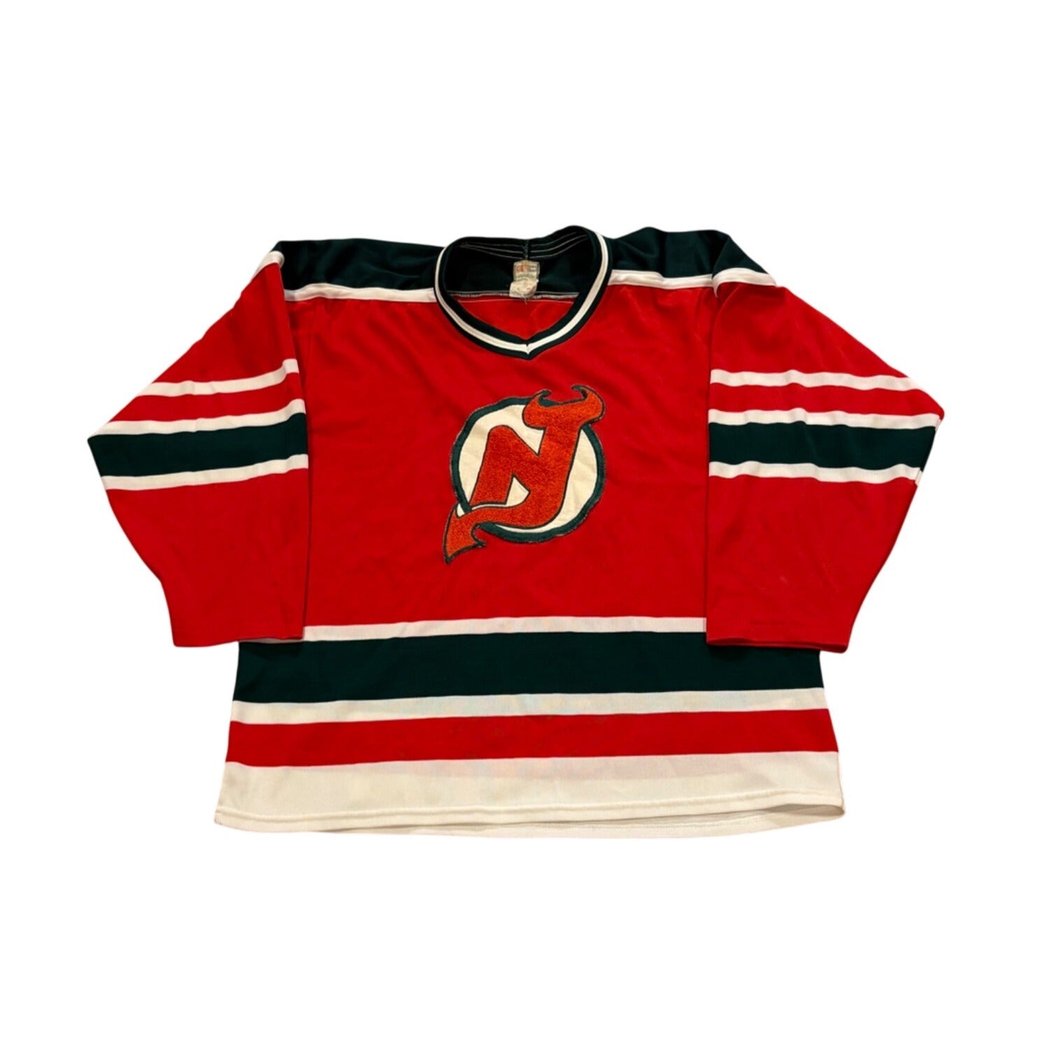 Vintage 1980's New Jersey Devils CCM Maska Red Green NHL Hockey Jersey Large