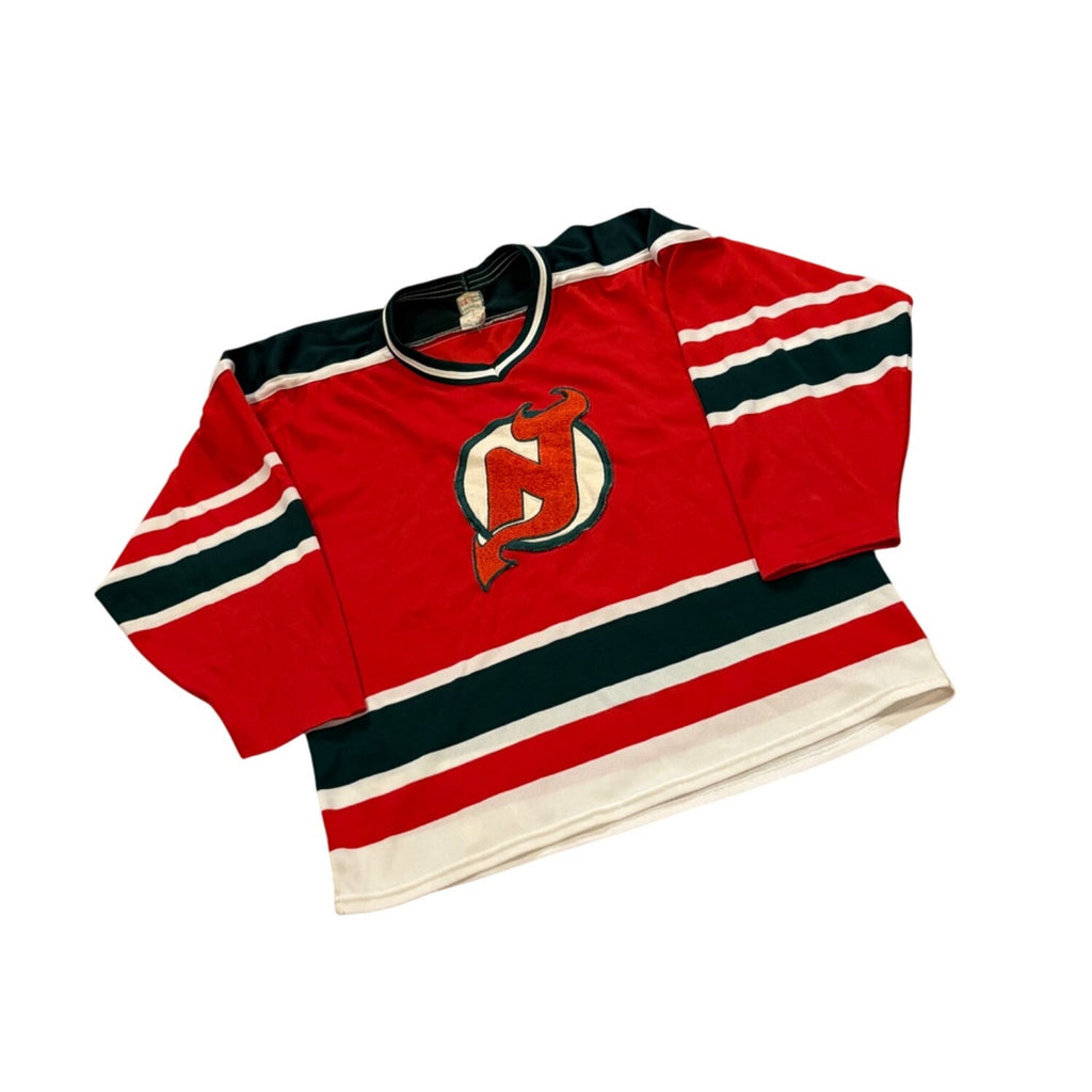 Vintage 1980's New Jersey Devils CCM Maska Red Green NHL Hockey Jersey Large