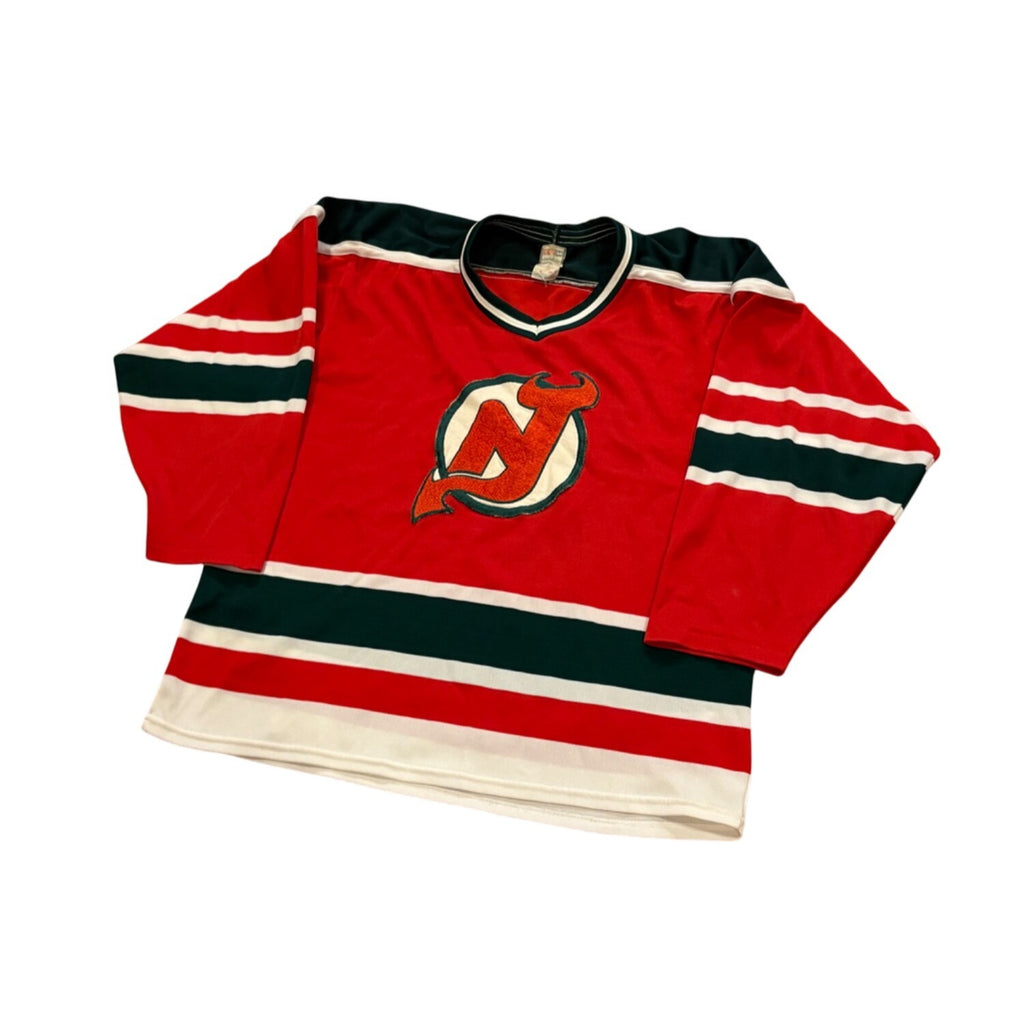 Vintage 1980's New Jersey Devils CCM Maska Red Green NHL Hockey Jersey Large