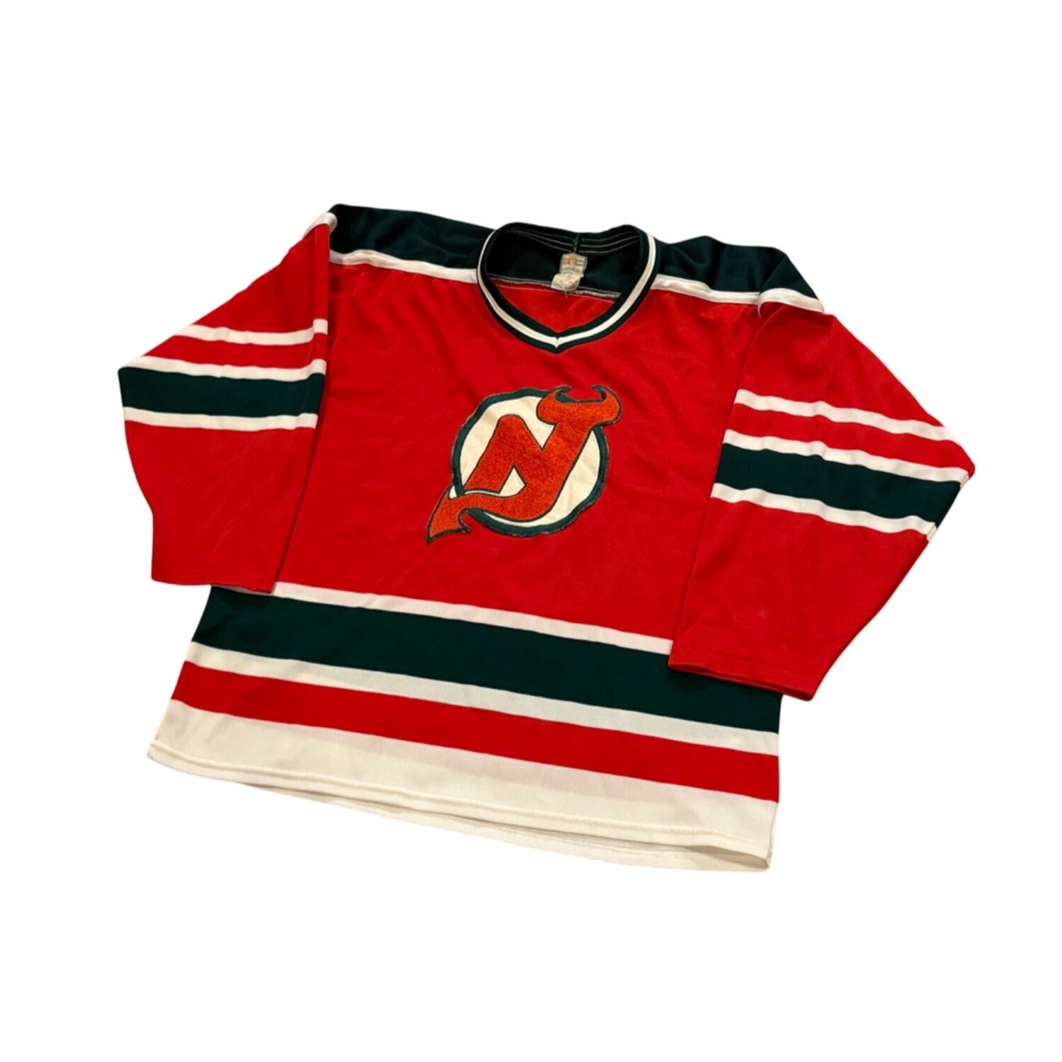 Vintage 1980's New Jersey Devils CCM Maska Red Green NHL Hockey Jersey Large