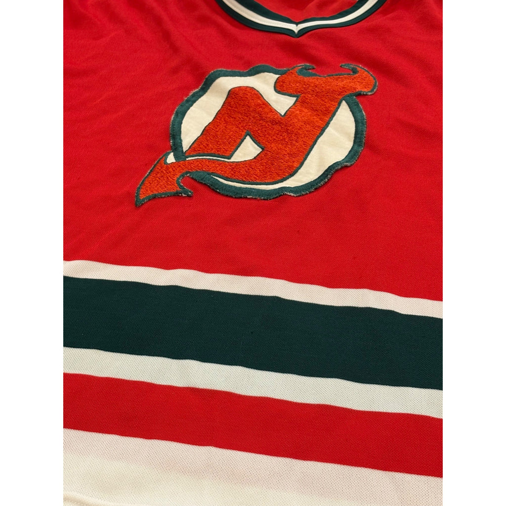 Vintage 1980's New Jersey Devils CCM Maska Red Green NHL Hockey Jersey Large