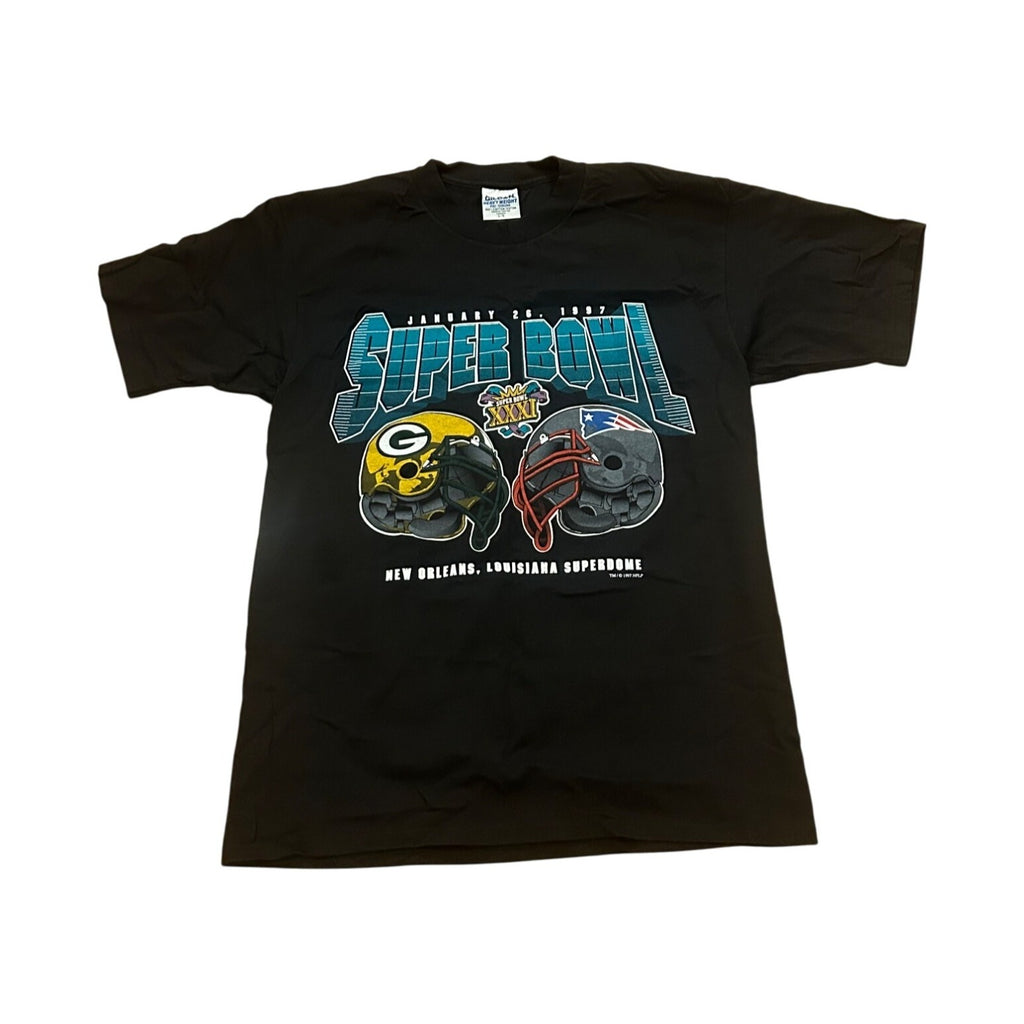Vtg 90s Super Bowl XXXI Matchup T-Shirt Green Bay Packers New England Patriots L