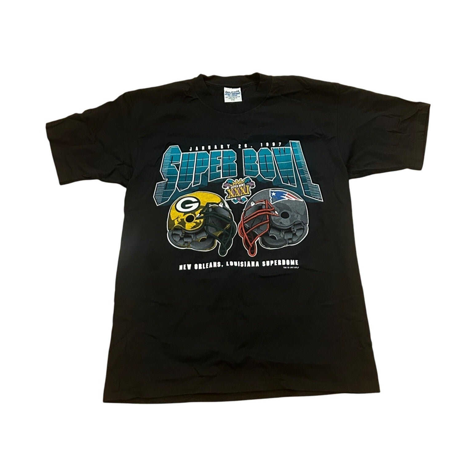 Vtg 90s Super Bowl XXXI Matchup T-Shirt Green Bay Packers New England Patriots L