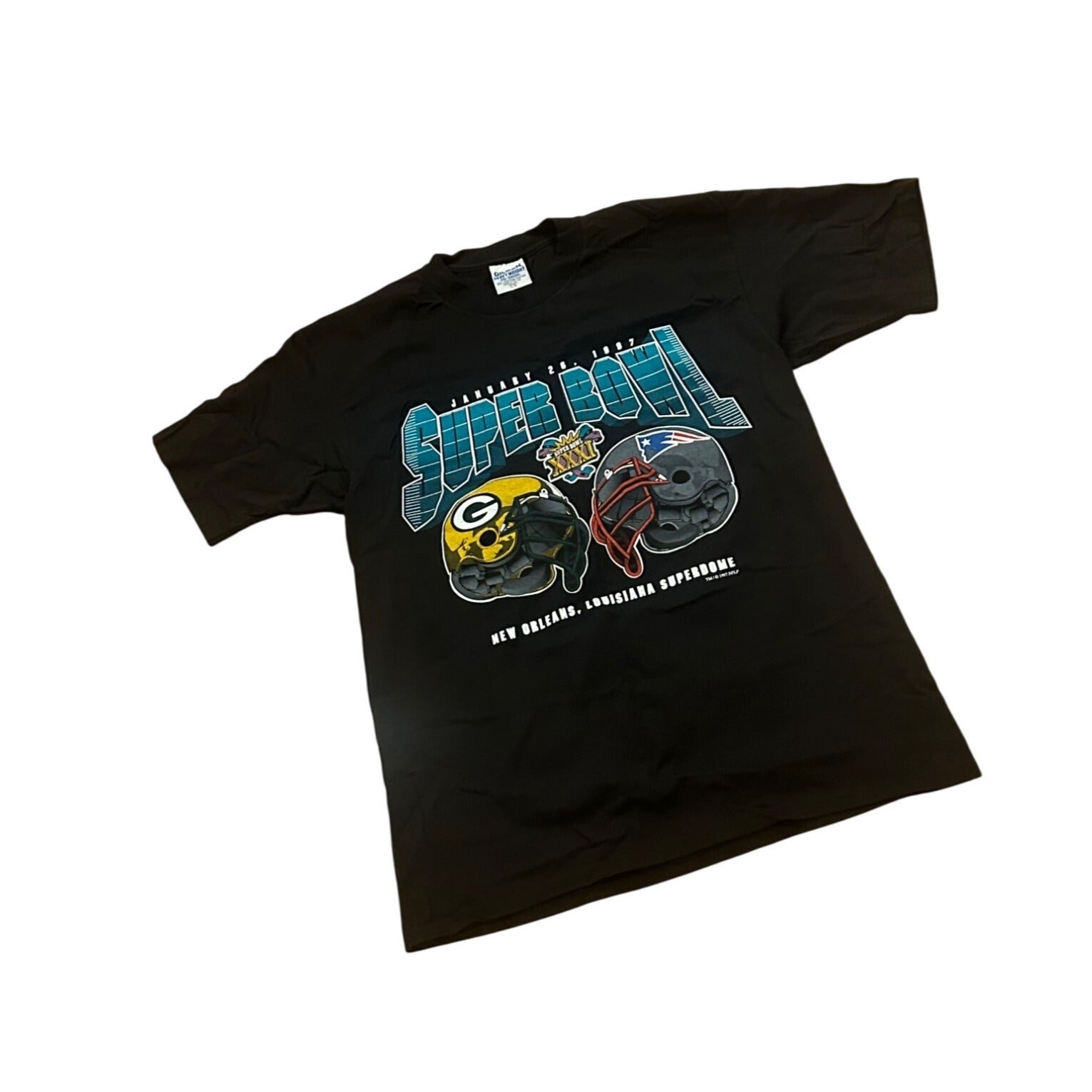 Vtg 90s Super Bowl XXXI Matchup T-Shirt Green Bay Packers New England Patriots L