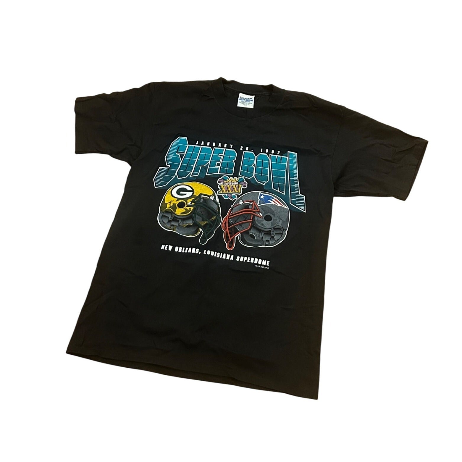 Vtg 90s Super Bowl XXXI Matchup T-Shirt Green Bay Packers New England Patriots L