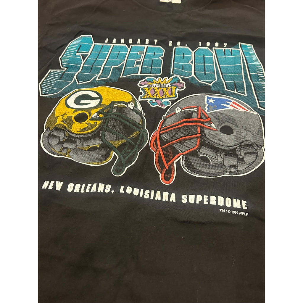 Vtg 90s Super Bowl XXXI Matchup T-Shirt Green Bay Packers New England Patriots L
