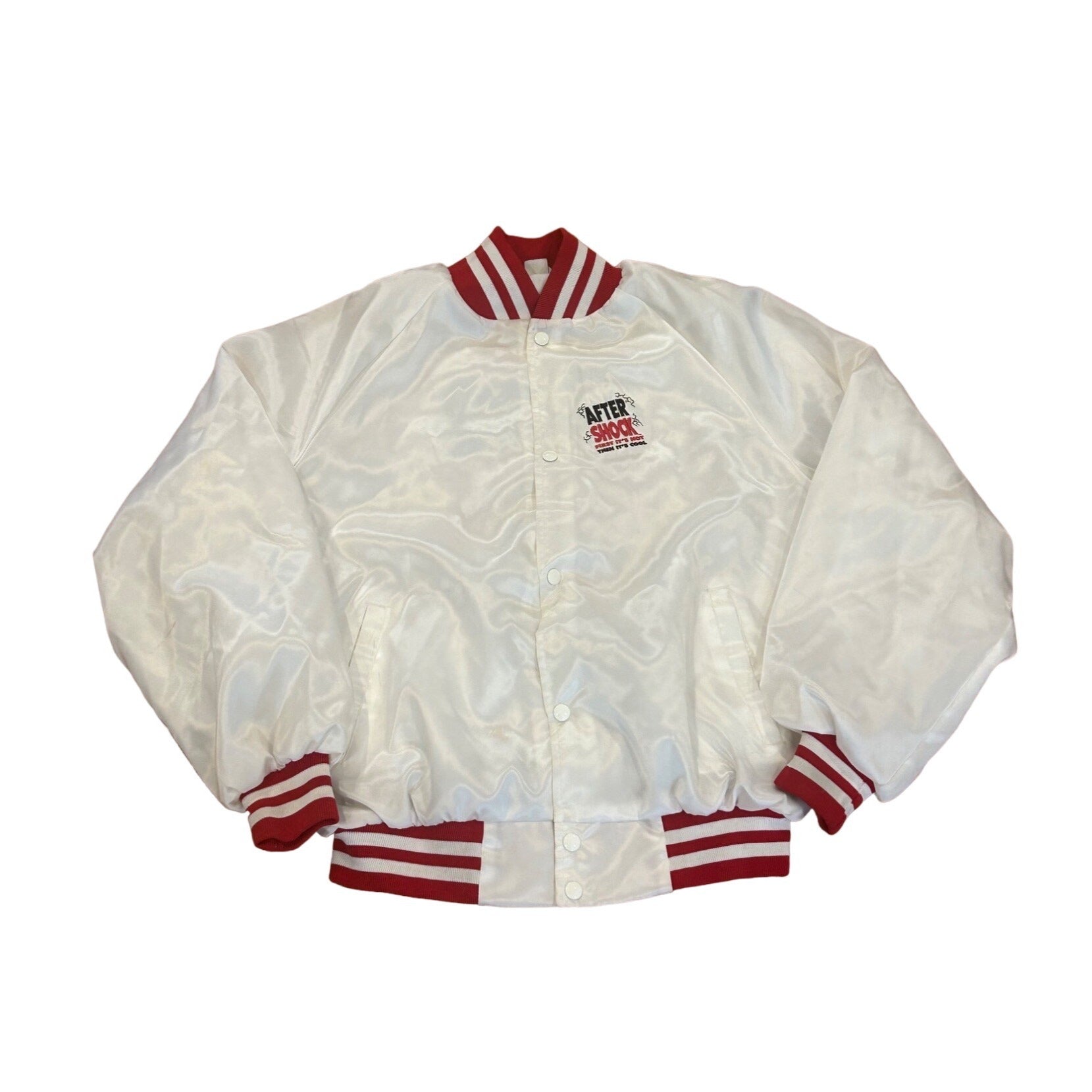 Vintage 1990’s After Shock Liquor White Satin Bomber Jacket West Ark Men’s XL