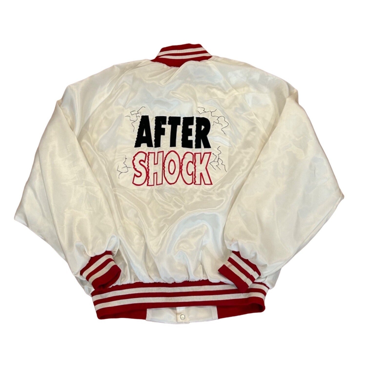 Vintage 1990’s After Shock Liquor White Satin Bomber Jacket West Ark Men’s XL