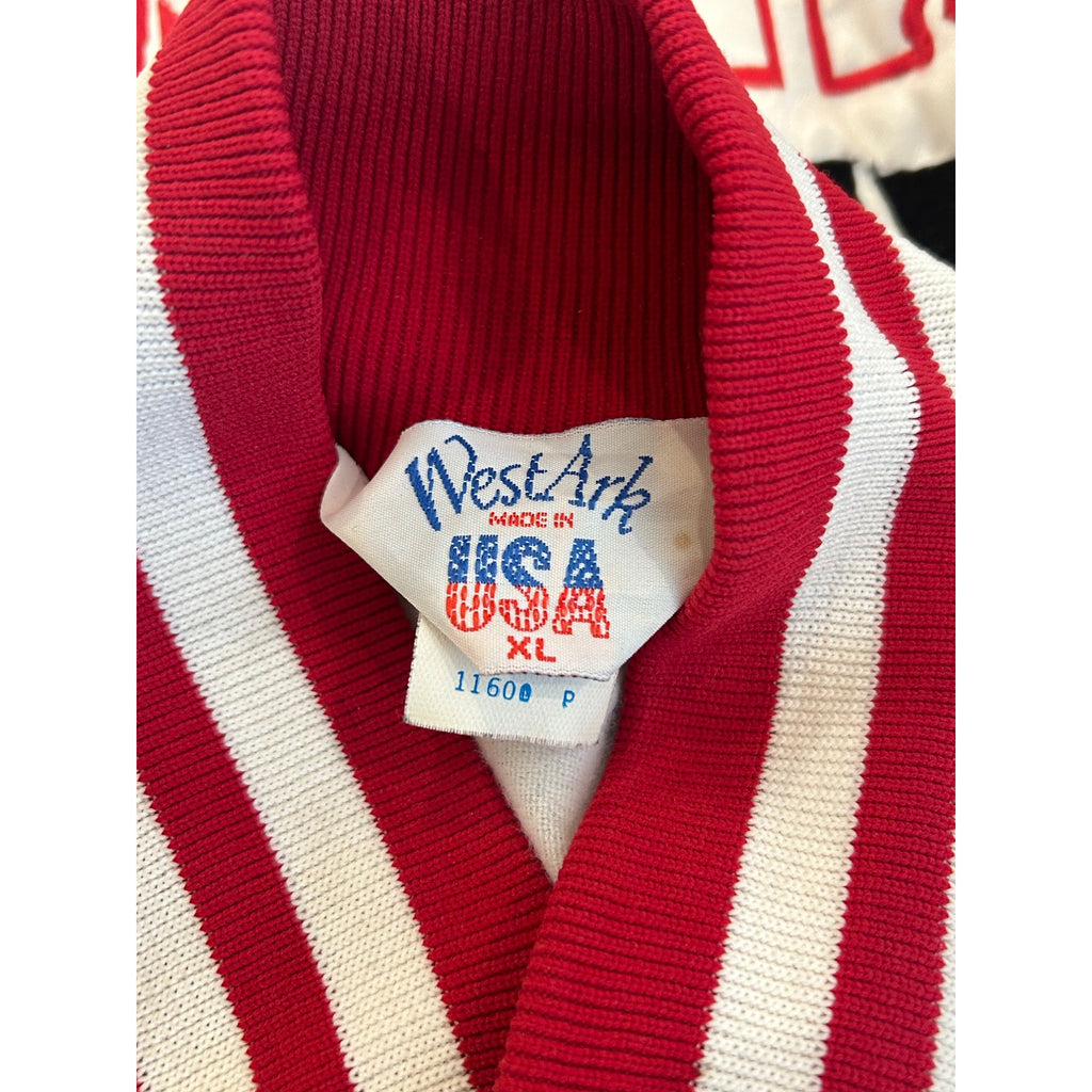 Vintage 1990’s After Shock Liquor White Satin Bomber Jacket West Ark Men’s XL