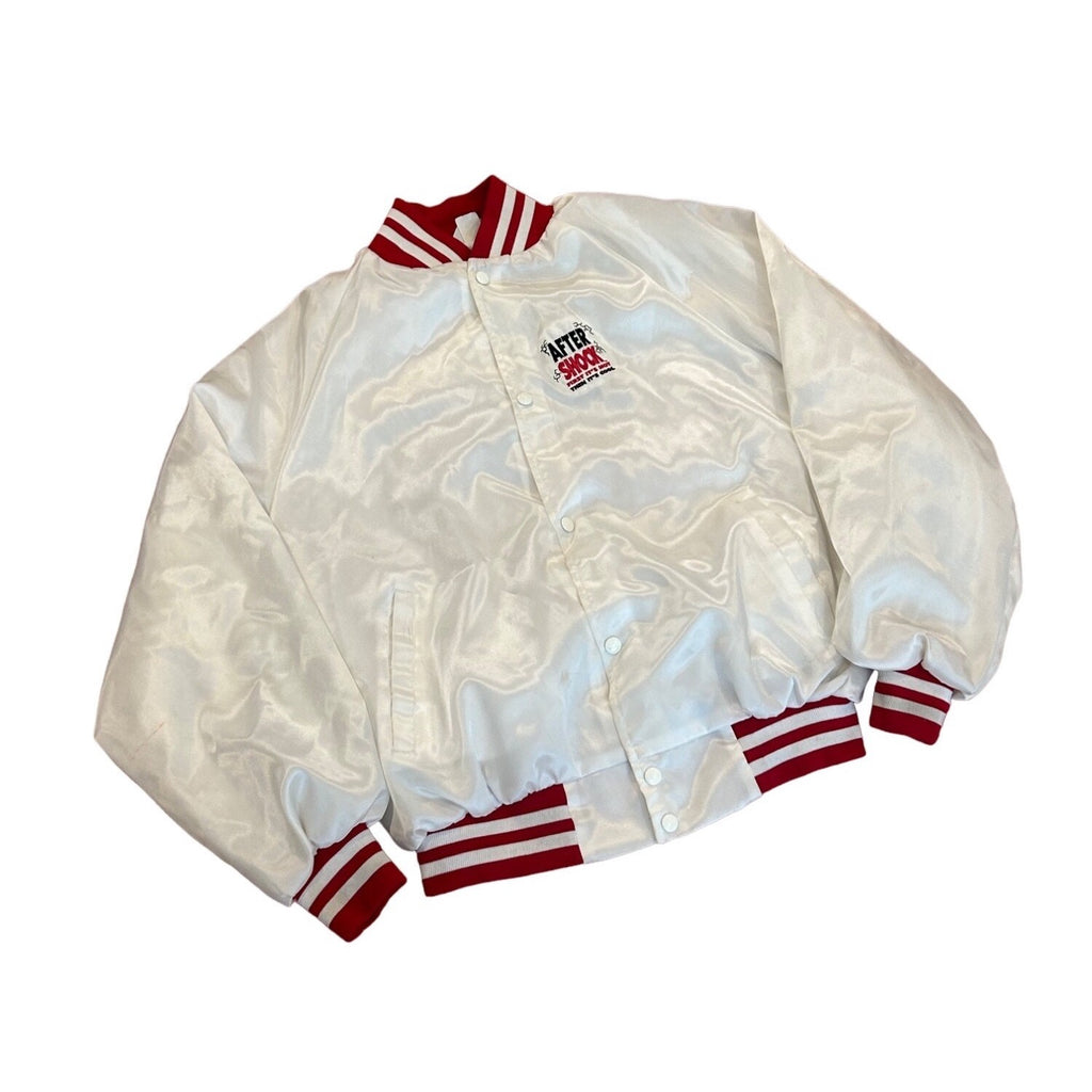 Vintage 1990’s After Shock Liquor White Satin Bomber Jacket West Ark Men’s XL