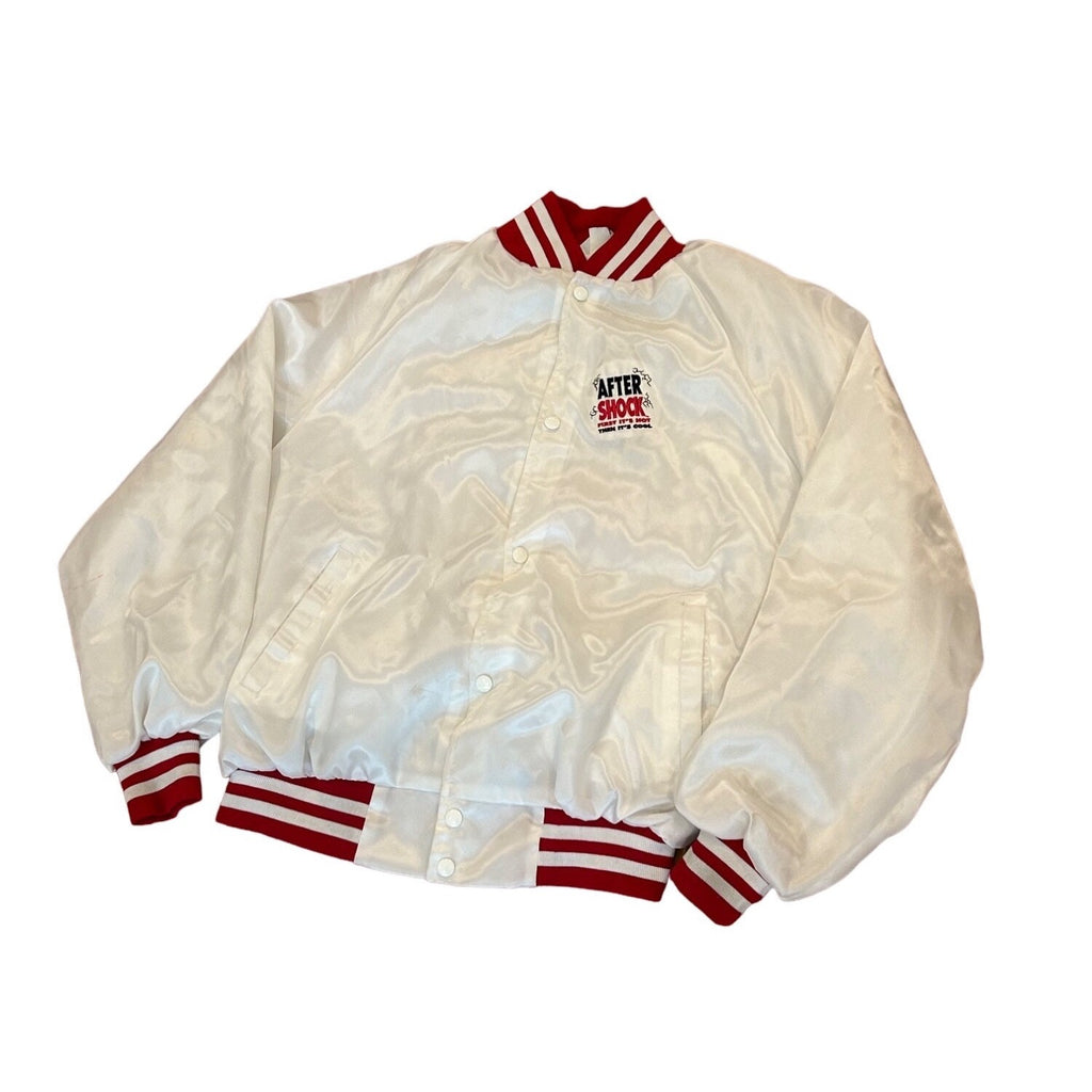 Vintage 1990’s After Shock Liquor White Satin Bomber Jacket West Ark Men’s XL