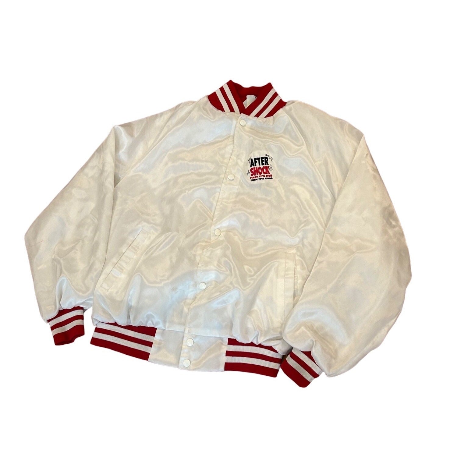 Vintage 1990’s After Shock Liquor White Satin Bomber Jacket West Ark Men’s XL