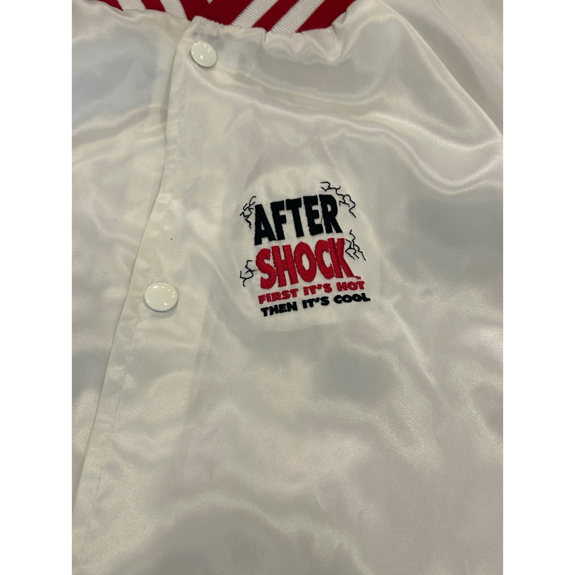Vintage 1990’s After Shock Liquor White Satin Bomber Jacket West Ark Men’s XL