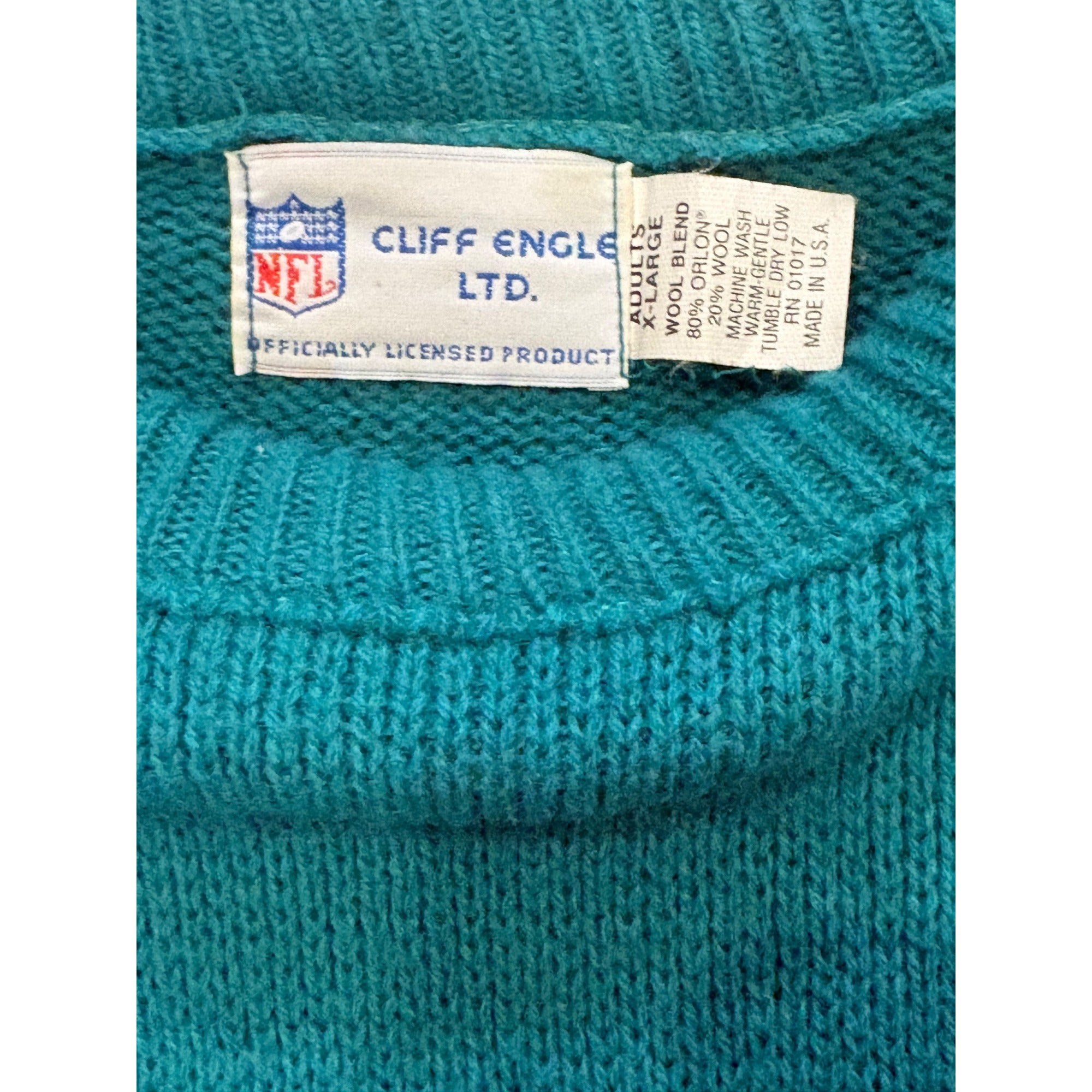 Vintage 80's Miami Dolphins NFL Cliff Engle Sweater Don Shula Teal Blue Men's XL