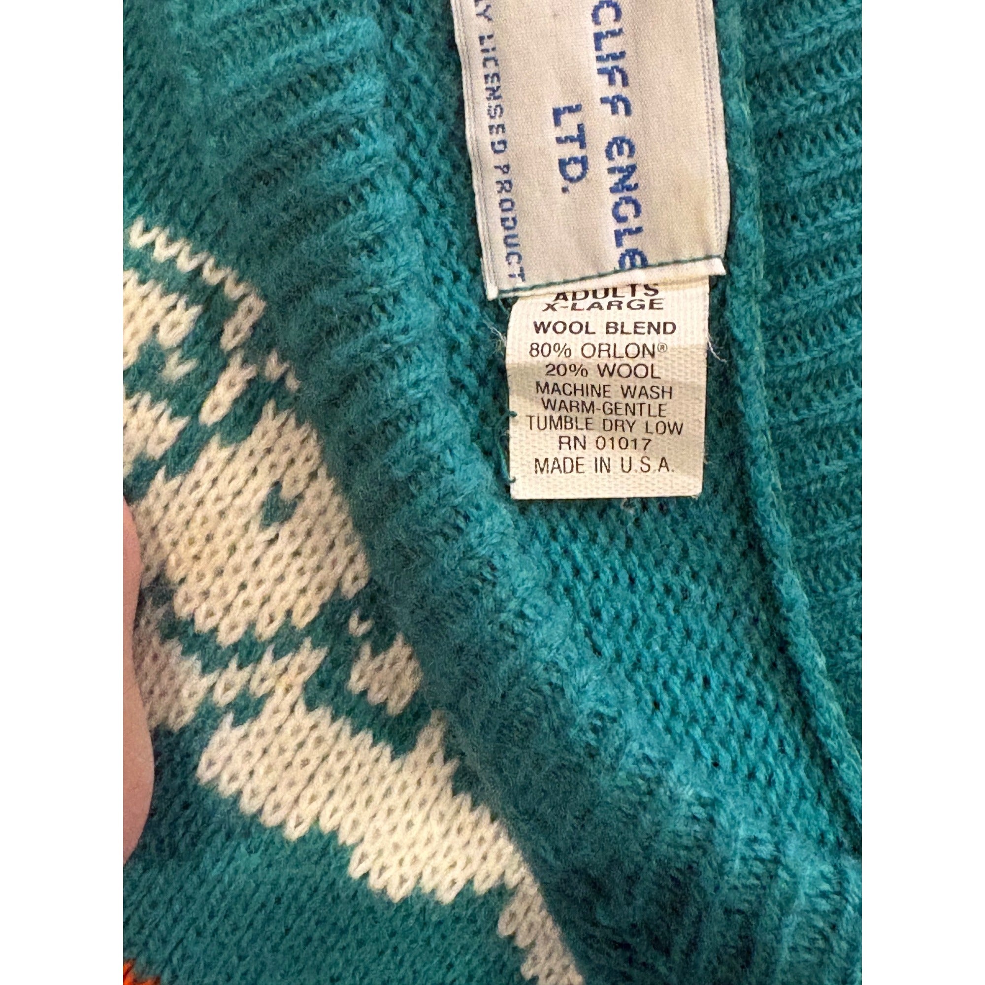 Vintage 80's Miami Dolphins NFL Cliff Engle Sweater Don Shula Teal Blue Men's XL