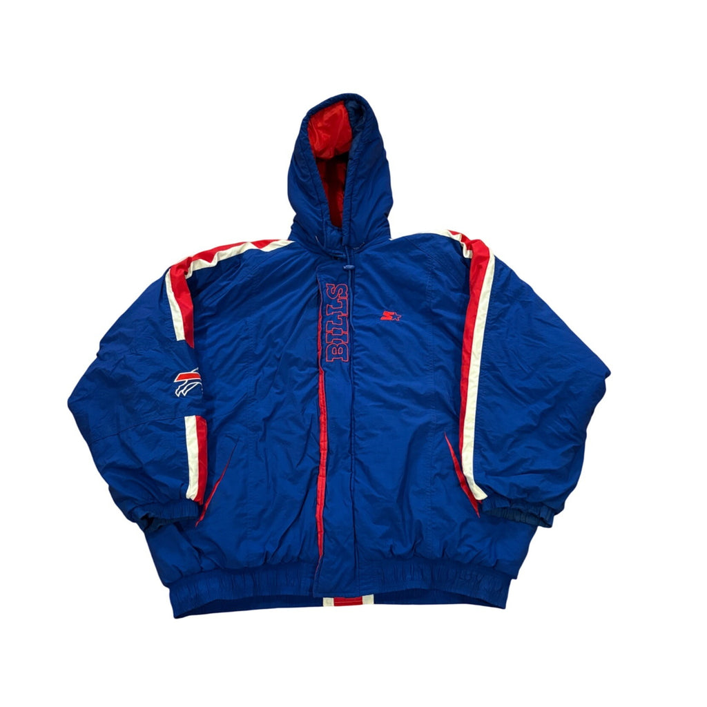 Vintage 1990's Starter Buffalo Bills NFL Puffer Hooded Jacket Blue Read Sizing