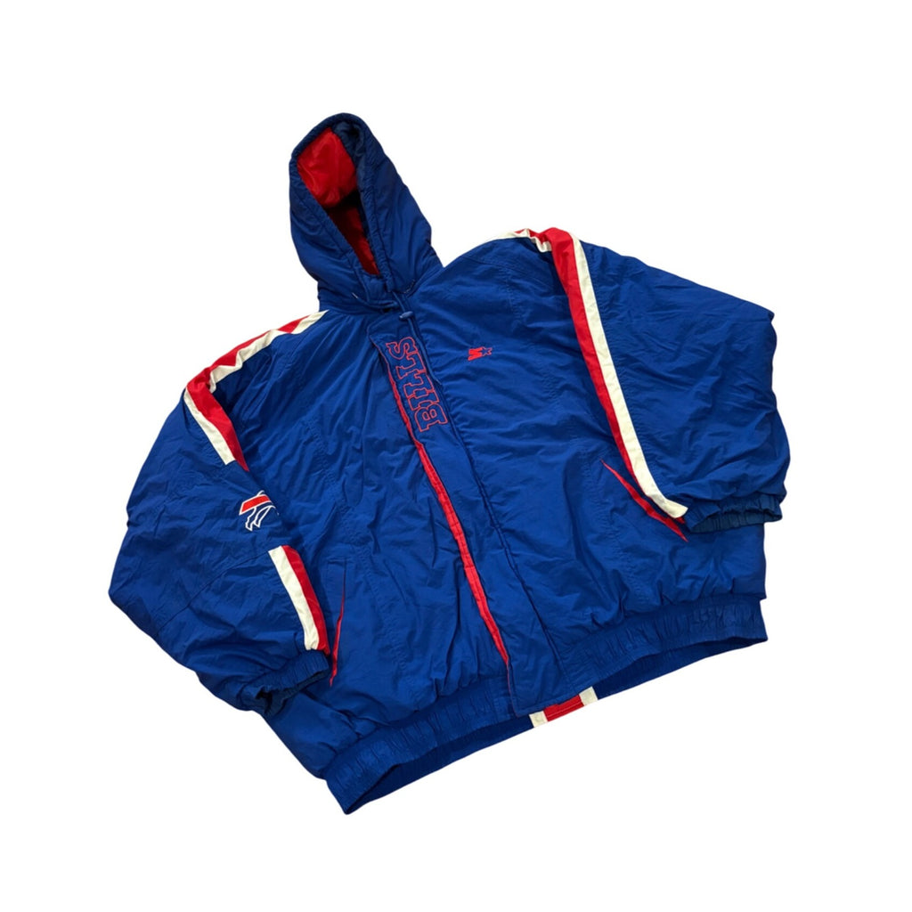 Vintage 1990's Starter Buffalo Bills NFL Puffer Hooded Jacket Blue Read Sizing