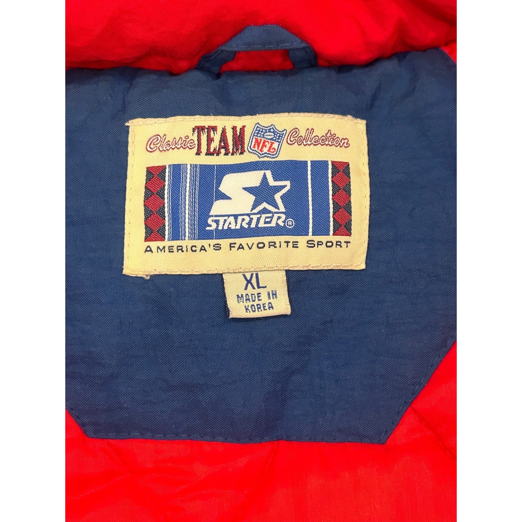 Vintage 1990's Starter New England Patriots Blue Puffer Hoodie Jacket Men's XL