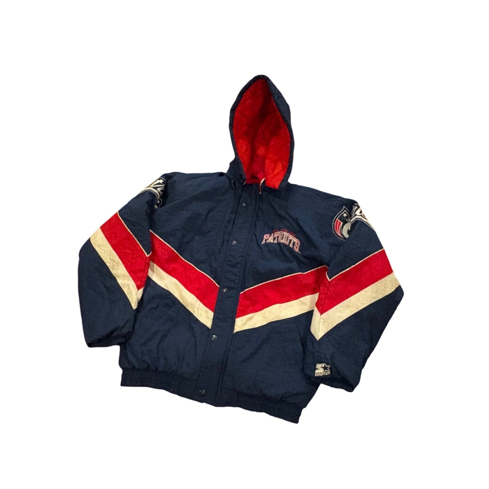 Vtg 90s Starter New England Patriots Authentic Pro Line Hooded Puffer Jacket Med