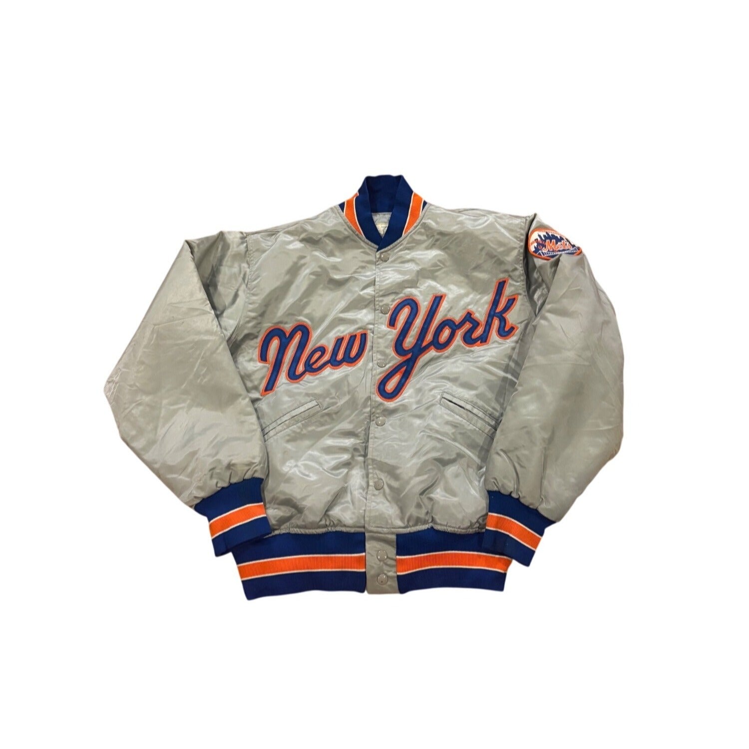 Vintage 80s Felco New York Mets Script Silver MLB Satin Bomber Jacket Medium