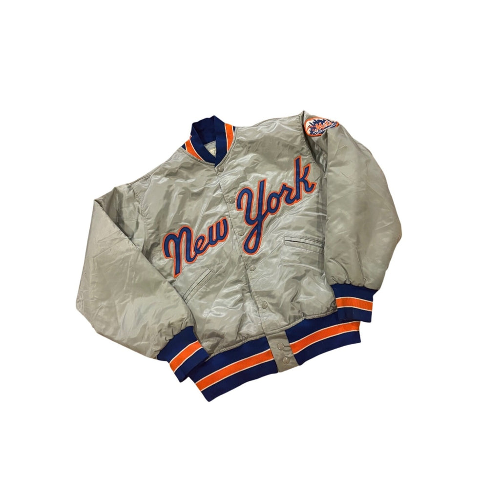Vintage 80s Felco New York Mets Script Silver MLB Satin Bomber Jacket Medium