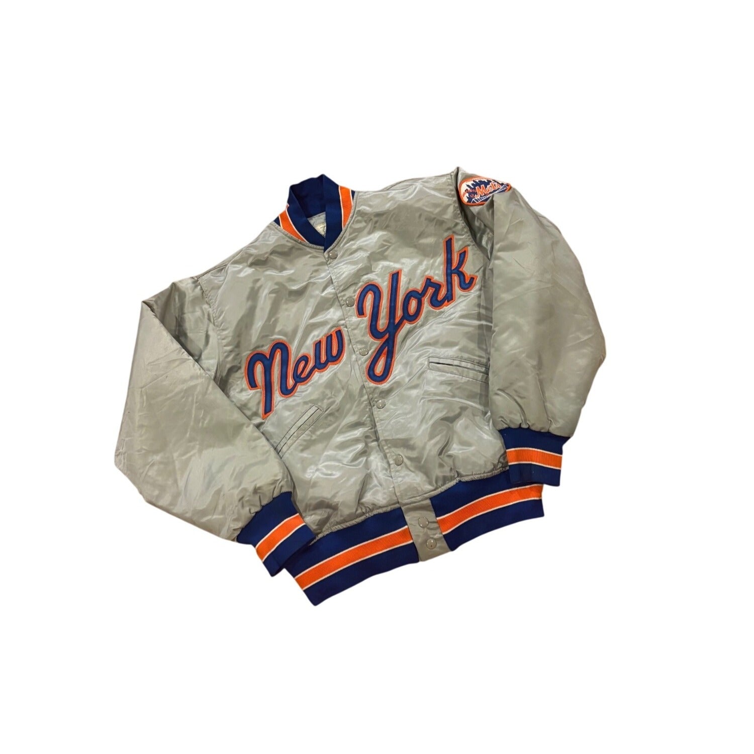 Vintage 80s Felco New York Mets Script Silver MLB Satin Bomber Jacket Medium
