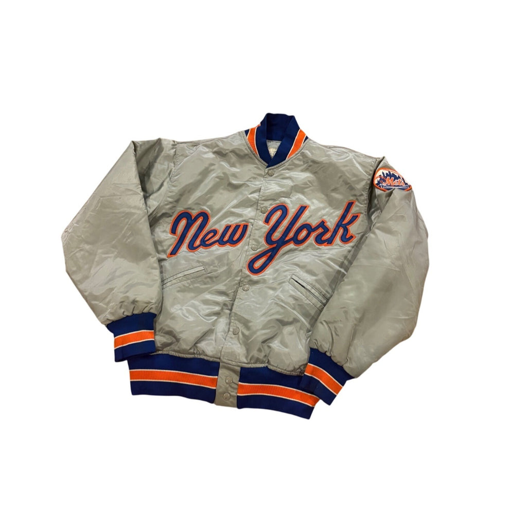 Vintage 80s Felco New York Mets Script Silver MLB Satin Bomber Jacket Medium