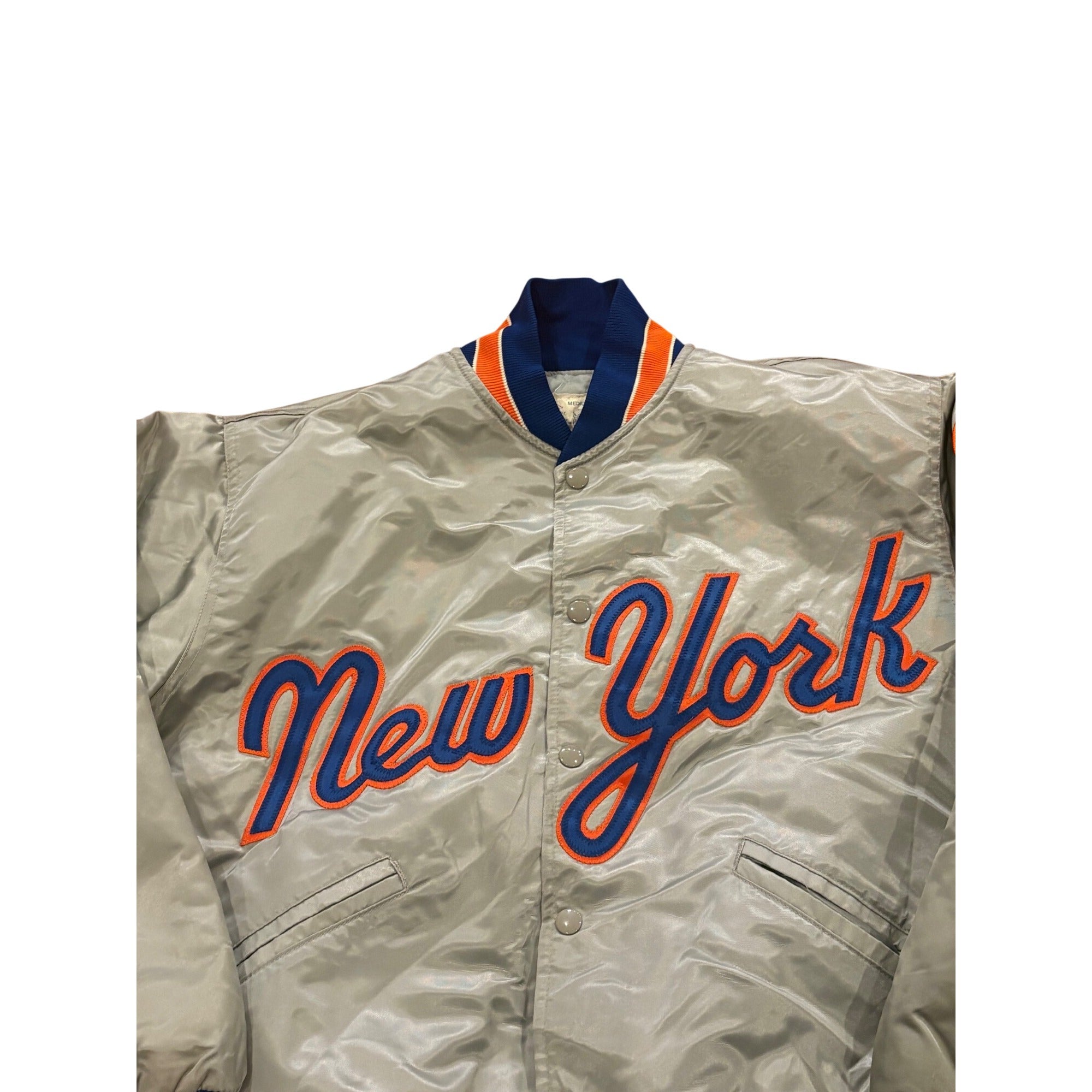 Vintage 80s Felco New York Mets Script Silver MLB Satin Bomber Jacket Medium
