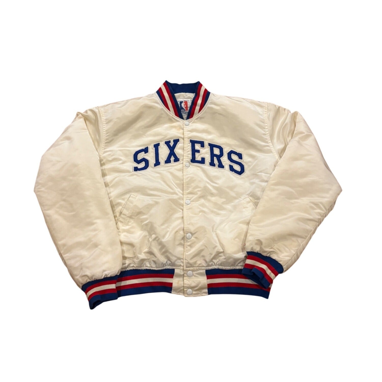 Rare Vintage Starter Philadelphia 76ers Sixers NBA White Satin Jacket Men's XL