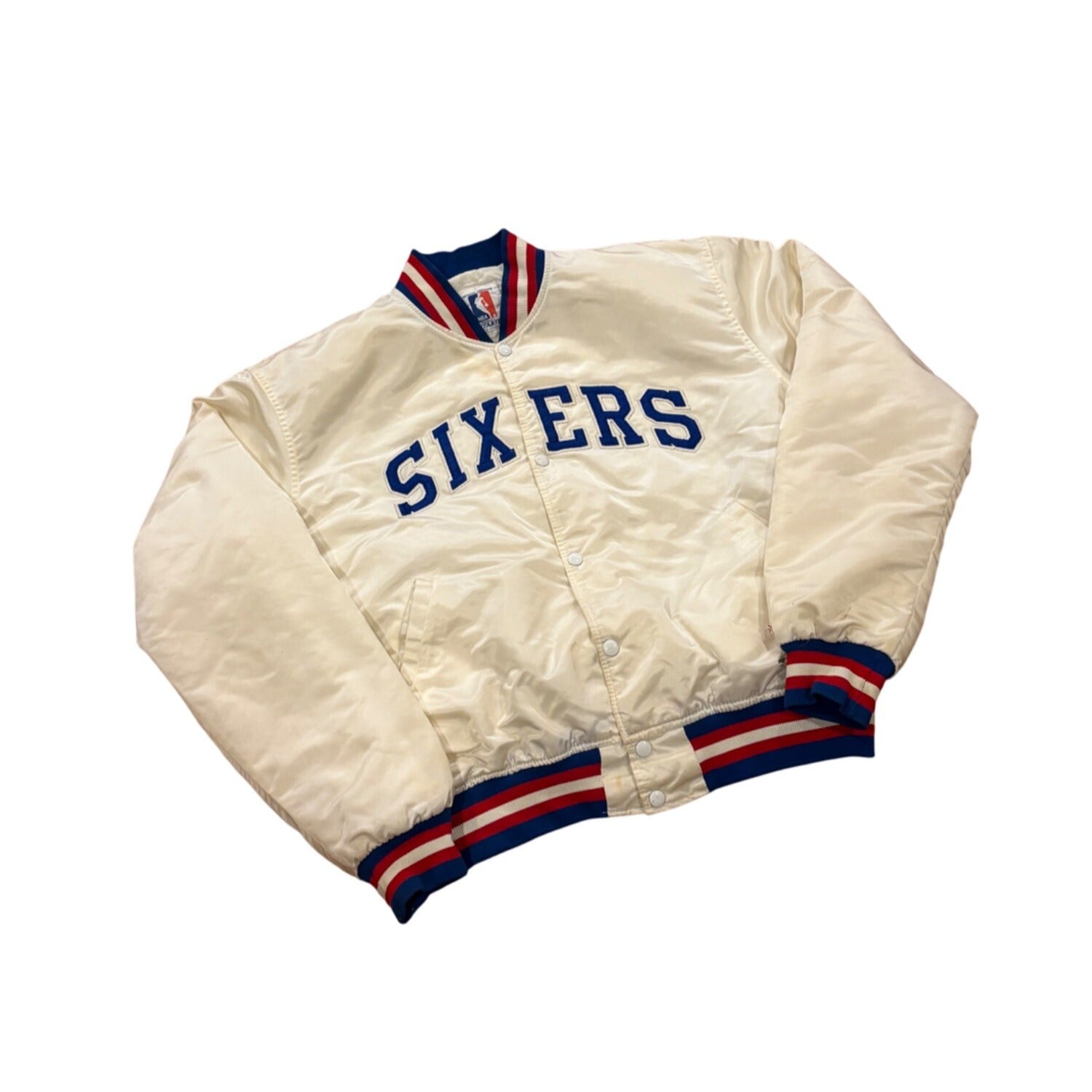 Rare Vintage Starter Philadelphia 76ers Sixers NBA White Satin Jacket Men's XL