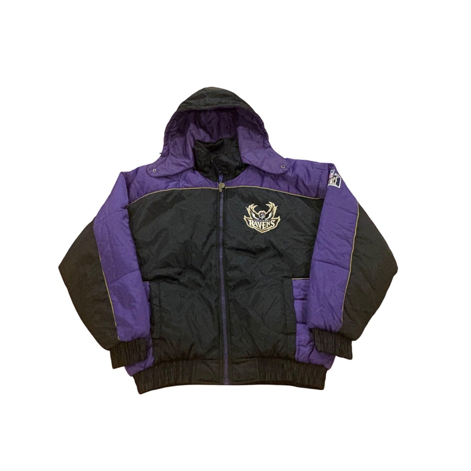 Vintage 90s Pro Player Baltimore Ravens Old Logo NFL Puffer Hooded Jacket Large
