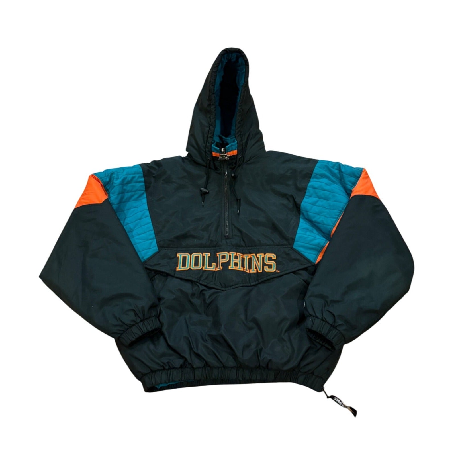 Vintage 1990's Starter Miami Dolphins NFL Puffer Hooded Jacket Black Men's Large