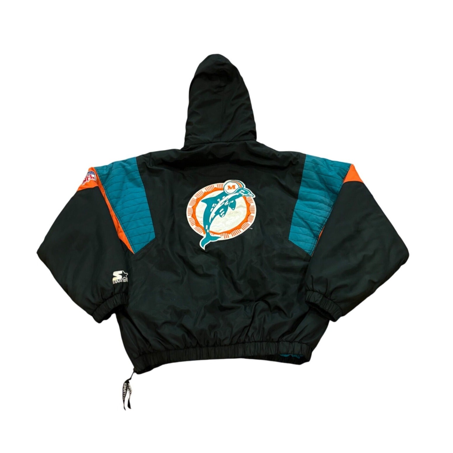 Vintage 1990's Starter Miami Dolphins NFL Puffer Hooded Jacket Black Men's Large