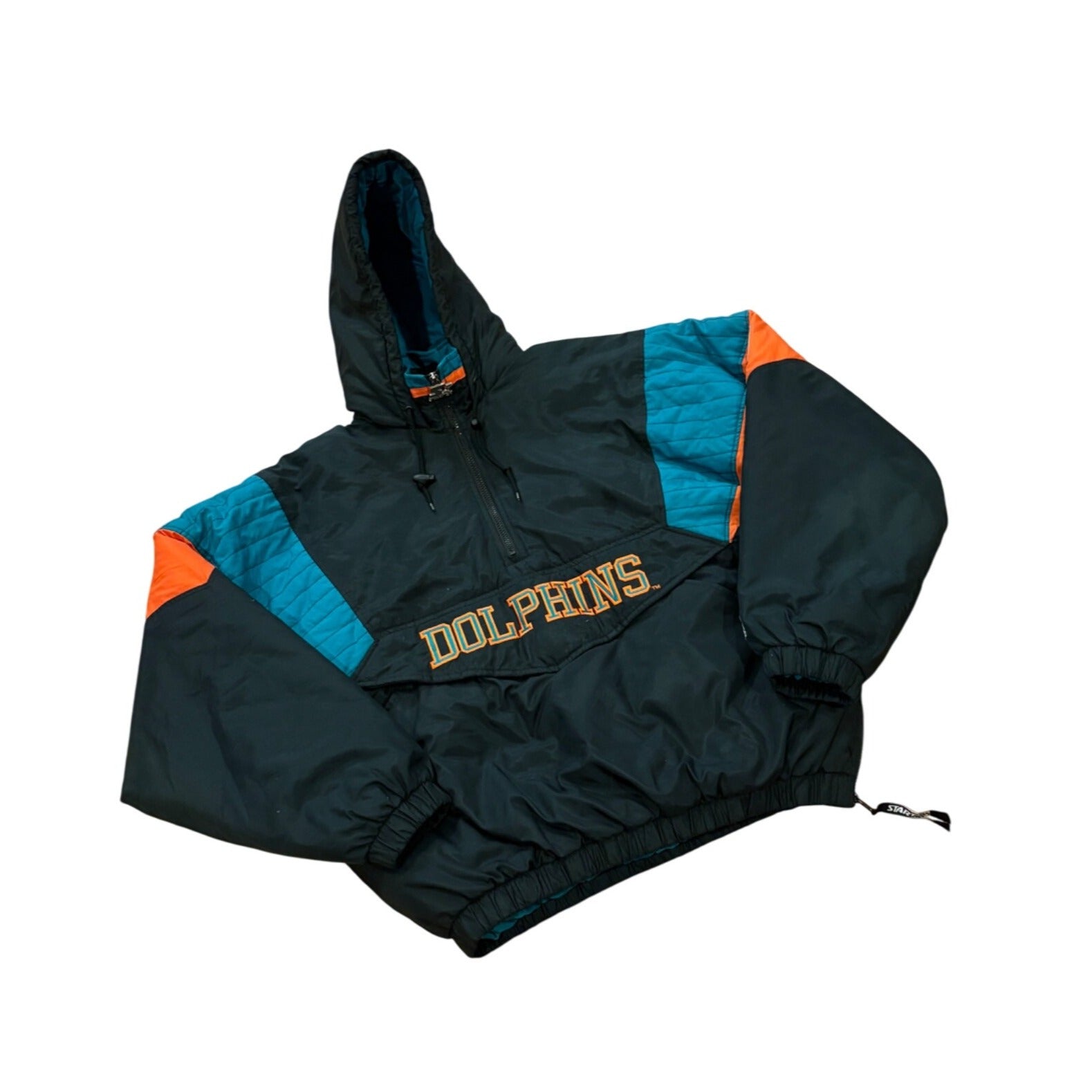 Vintage 1990's Starter Miami Dolphins NFL Puffer Hooded Jacket Black Men's Large