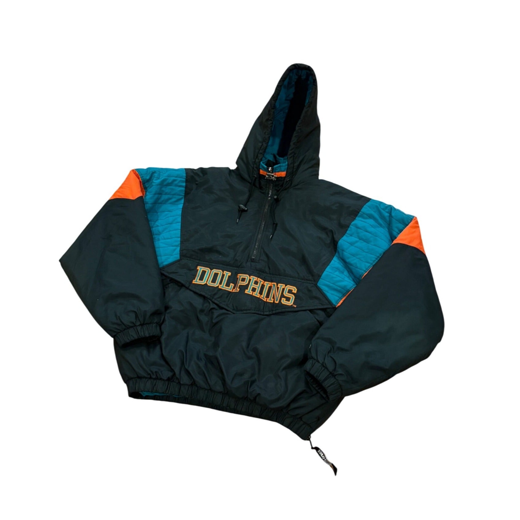 Vintage 1990's Starter Miami Dolphins NFL Puffer Hooded Jacket Black Men's Large