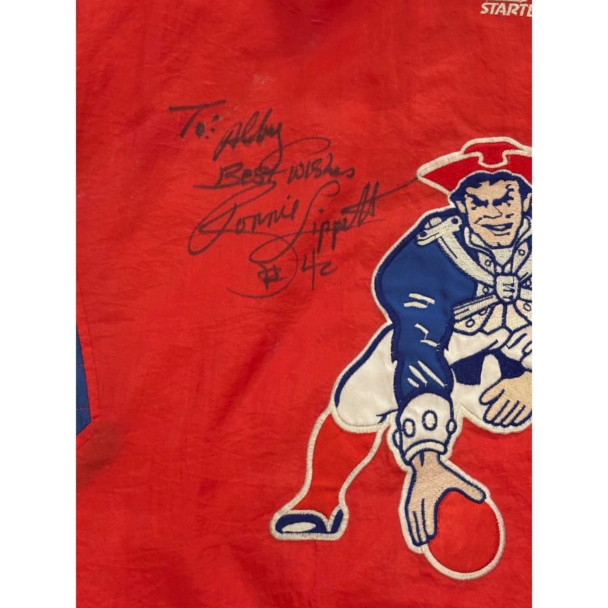 Rare 90's Starter New England Patriots NFL Hooded Red Puffer Signed Jacket XL