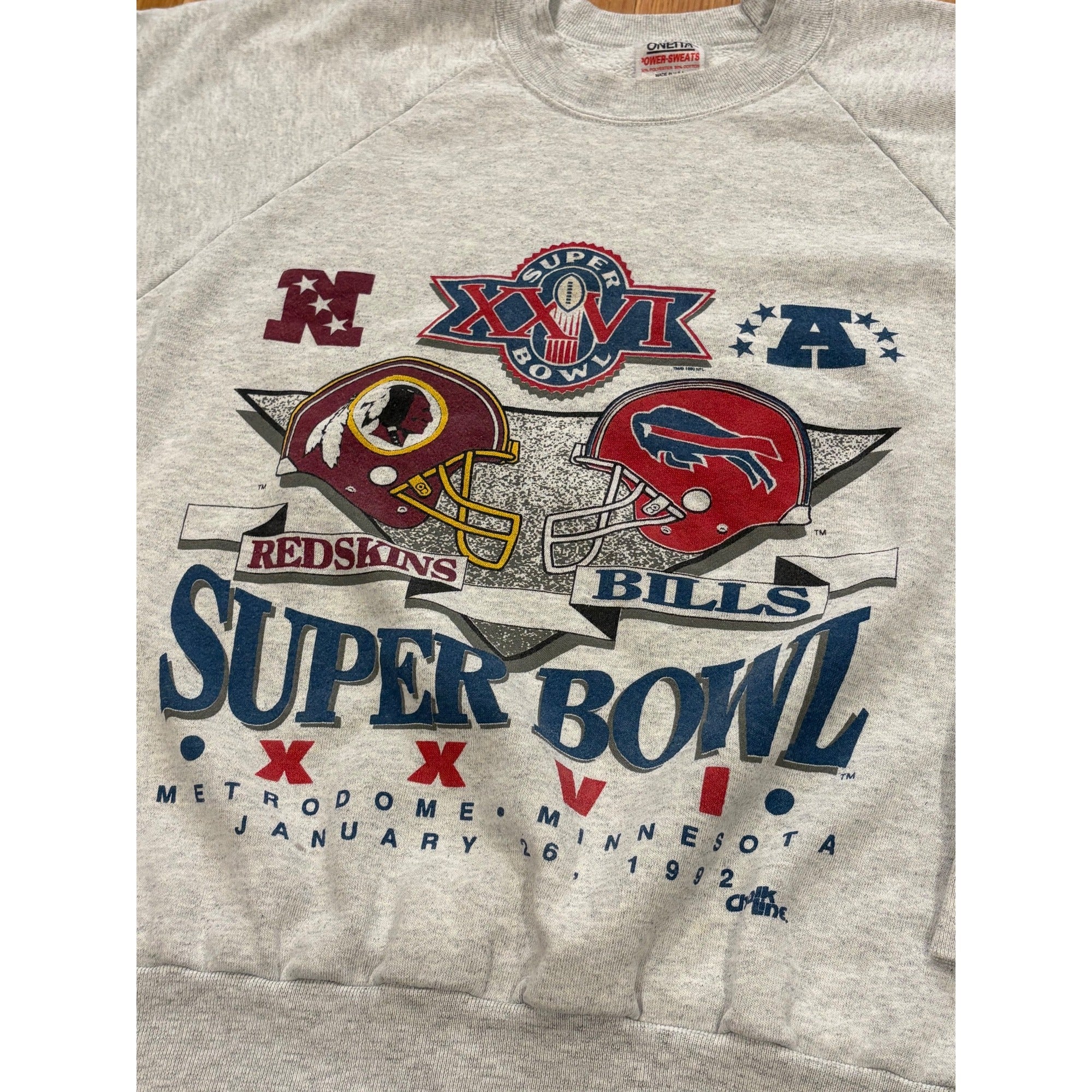 Vintage 1992 Super Bowl XXVI Washington Redskins vs Buffalo Bills Sweatshirt XL