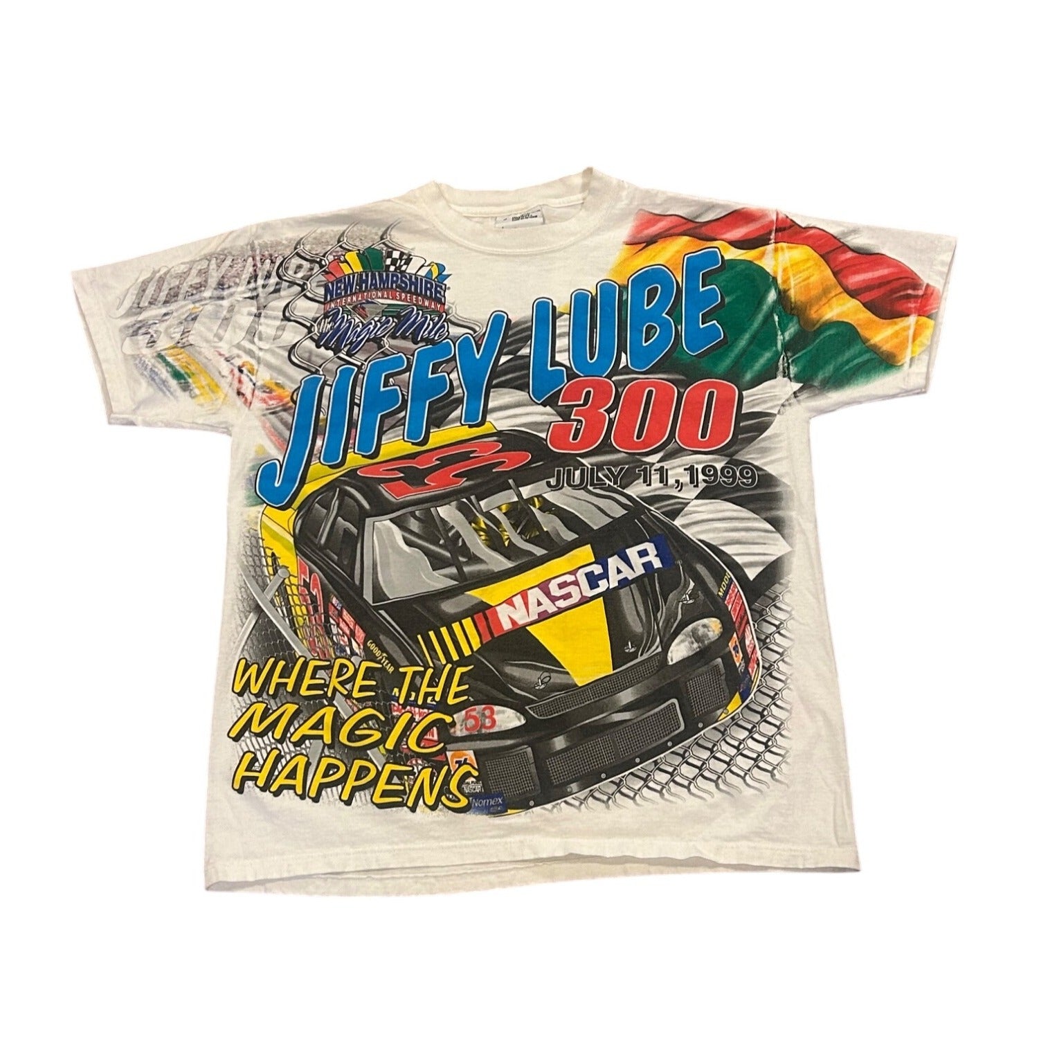 Vintage 1999 Jiffy Lube 300 Nascar All Over Print T-Shirt Men's Medium